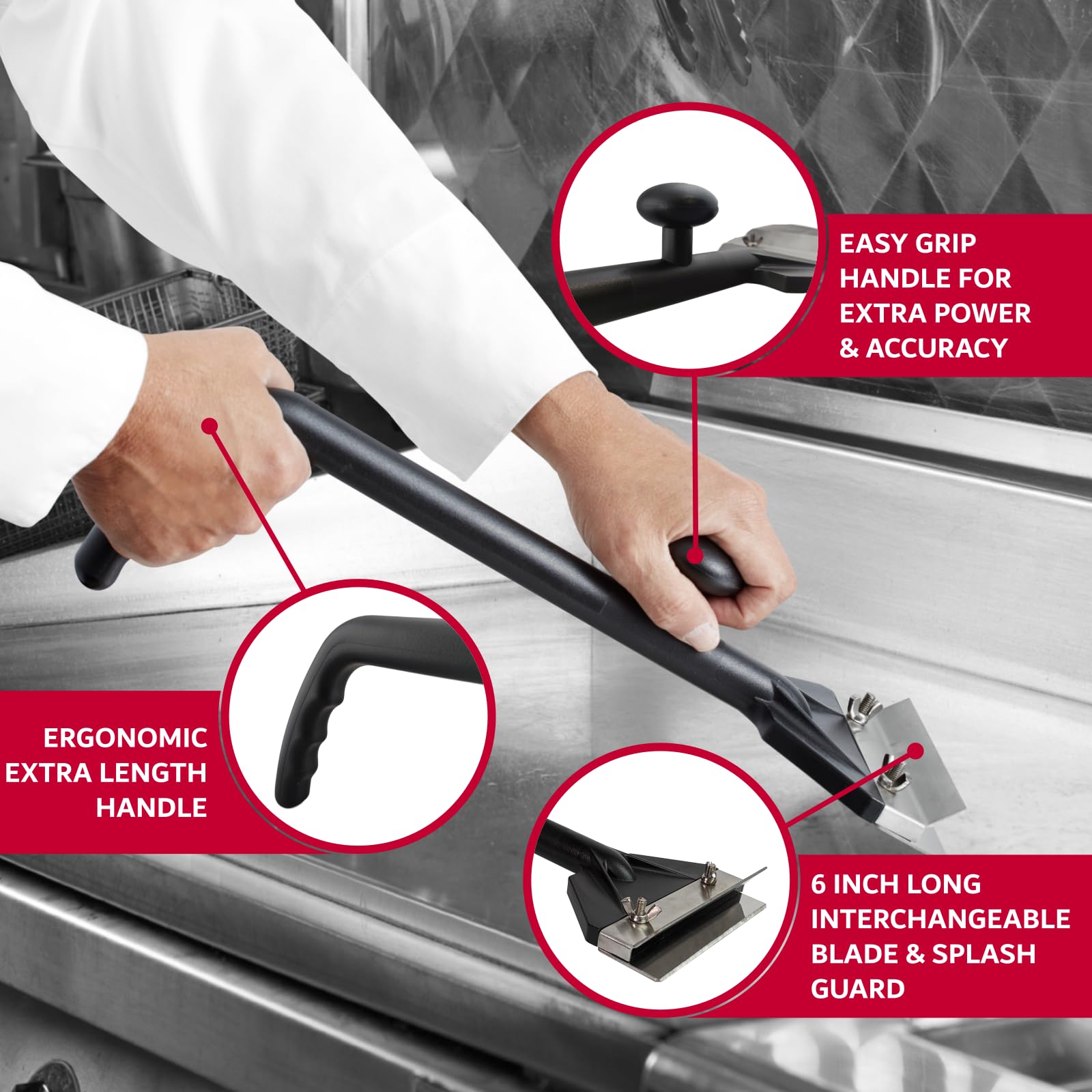 Chef Master scraper cleaning flat-top in kitchen showing efficient surface restoration