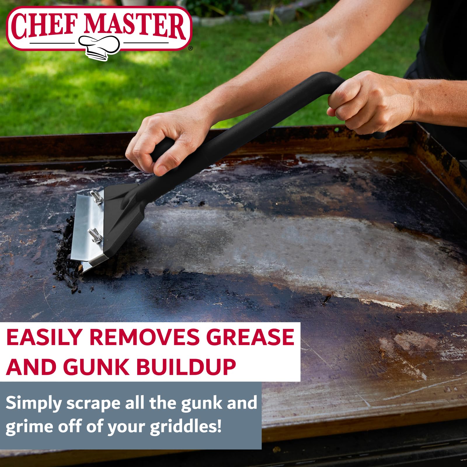 Chef Master long-handle scraper in hand demonstrating heat-distance and control