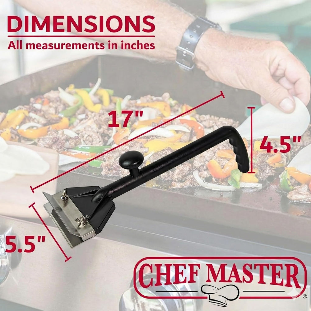 Chef Master scraper beside Blackstone grill illustrating professional readiness