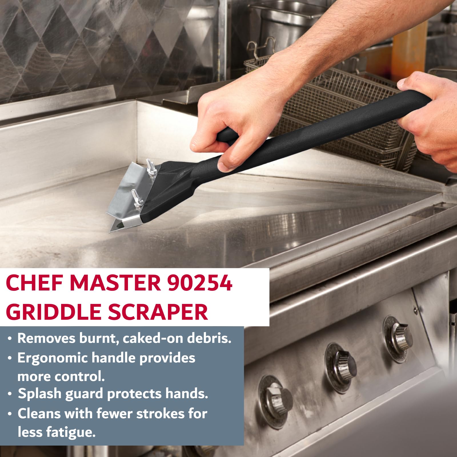 Chef Master scraper in use removing grease for faster clean-up