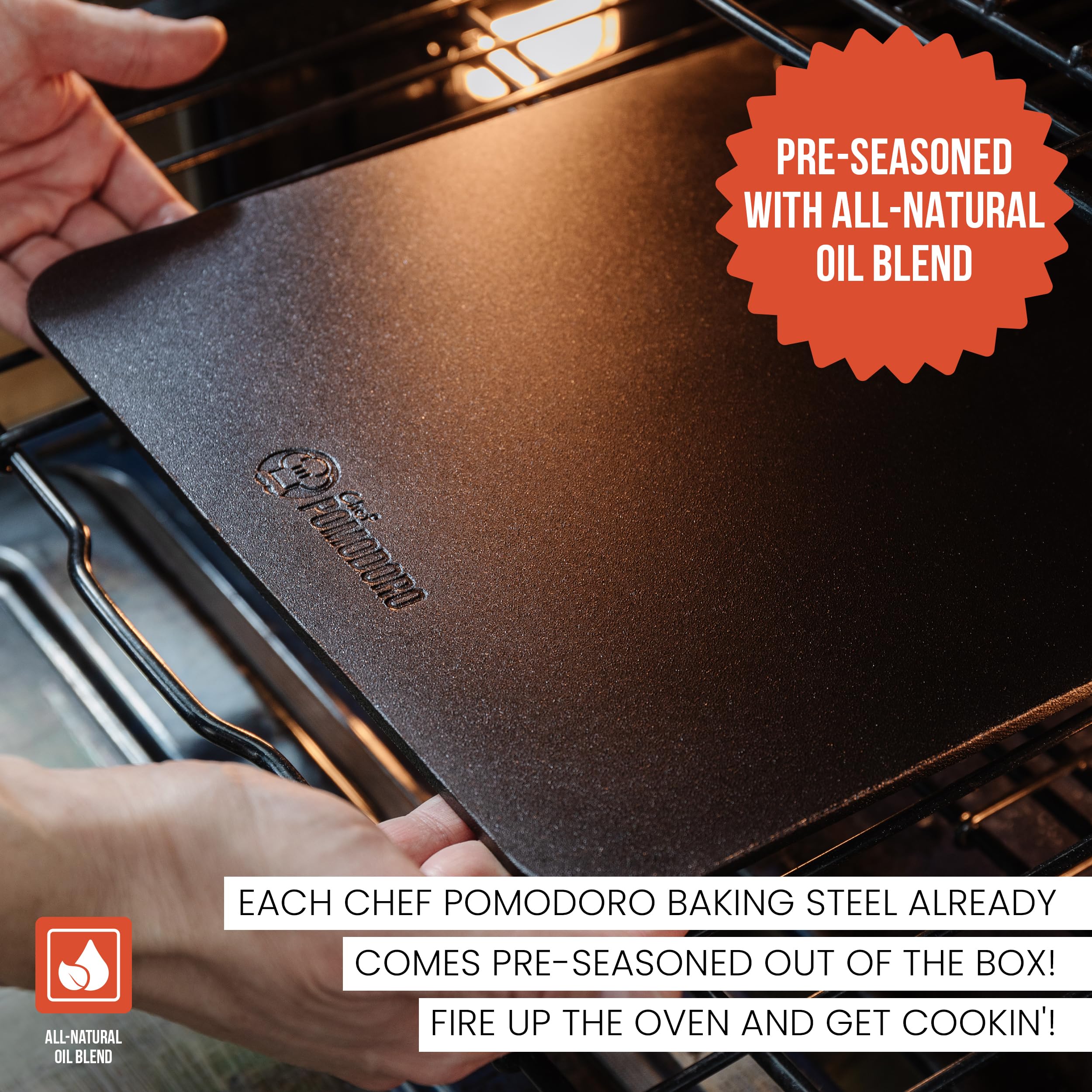 Chef Pomodoro close-up of pre-seasoned steel surface with easy-release benefit