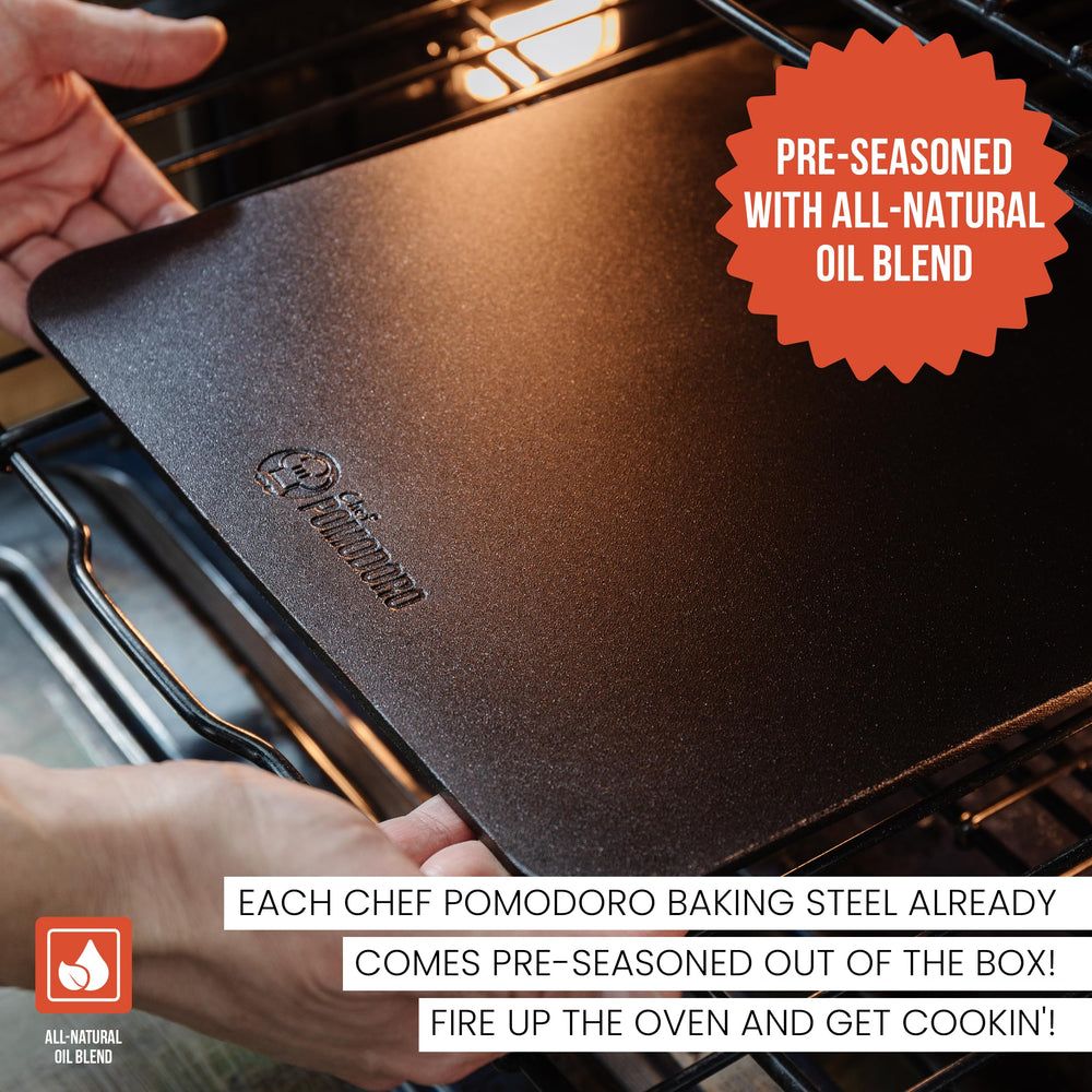 Chef Pomodoro close-up of pre-seasoned steel surface with easy-release benefit