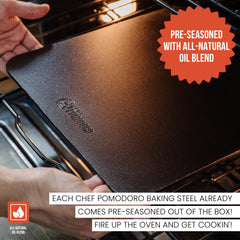 Chef Pomodoro close-up of pre-seasoned steel surface with easy-release benefit
