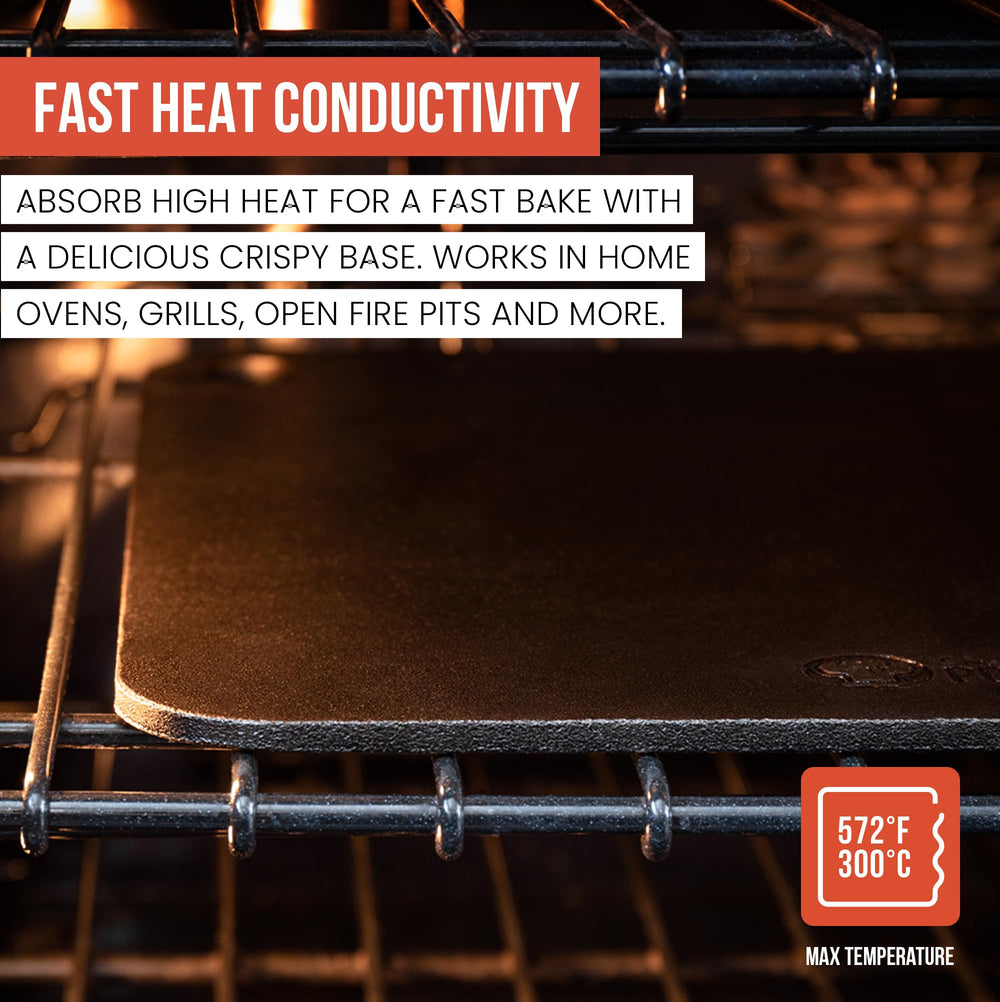 Chef Pomodoro pizza steel in oven with pizza for fast, evenly blistered crusts