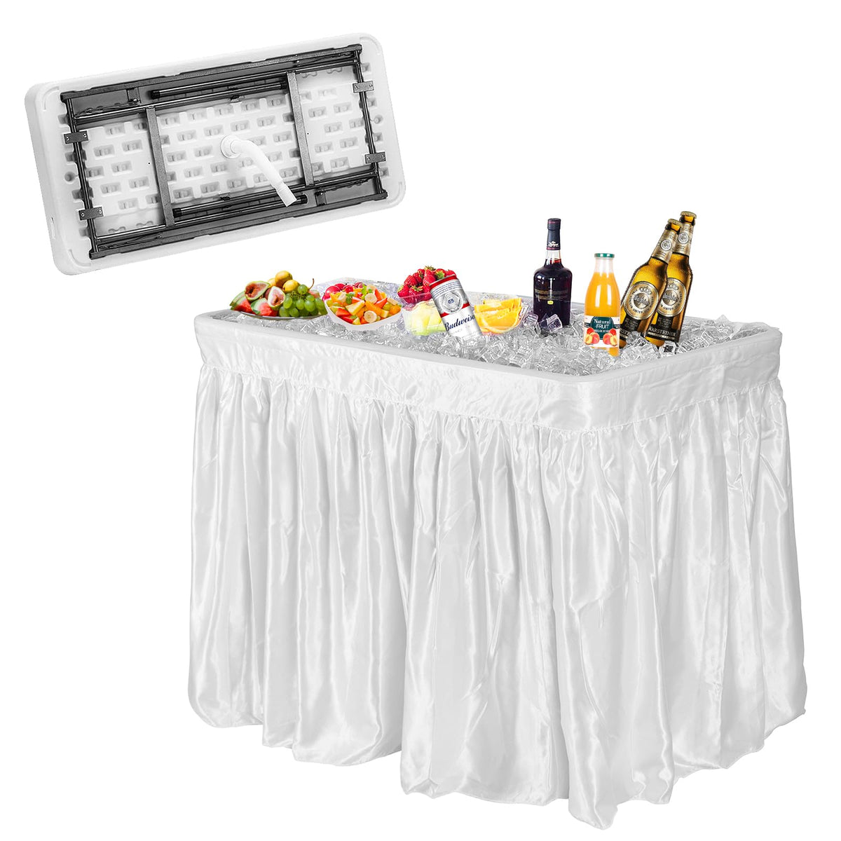 CHEFJOY front view of ice cooler table showing full chilled surface and skirt benefit