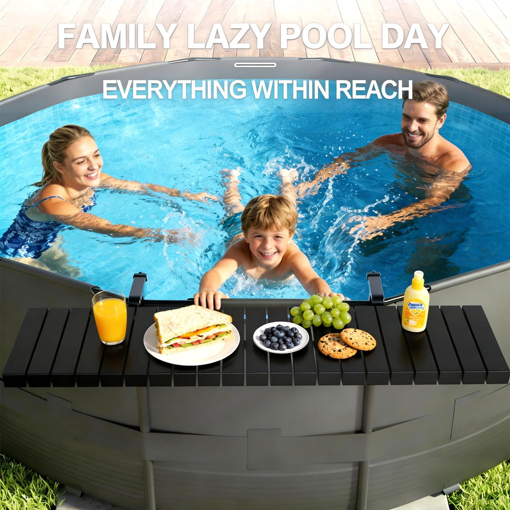 CHENG RONG backyard lifestyle setup with shelf hosting guests for relaxed pool entertaining