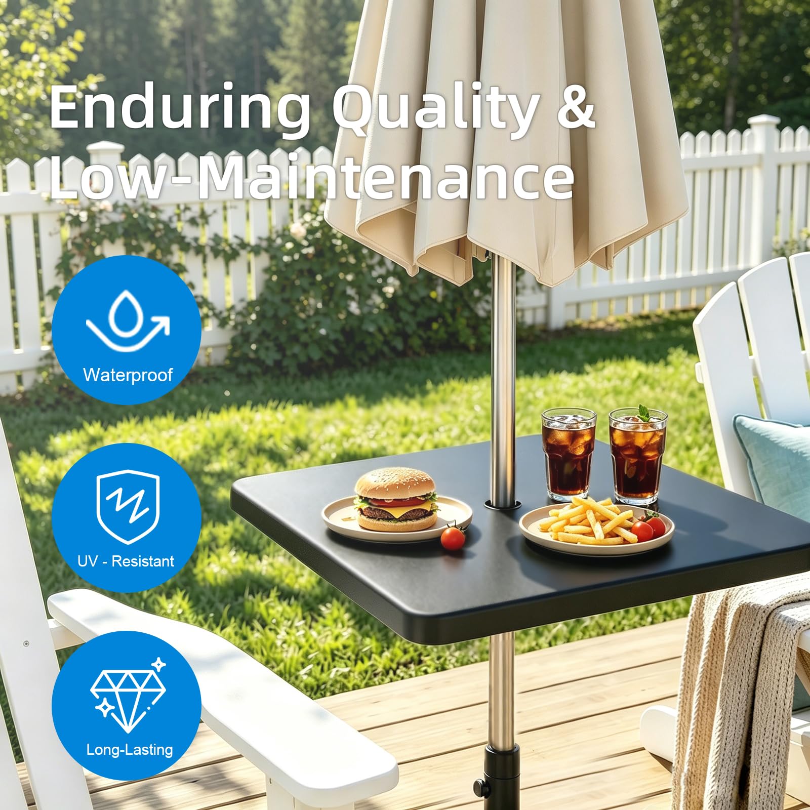 CHENG RONG tray mounted on a beach umbrella for hands-free convenience