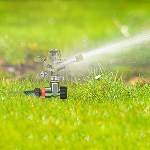 CHENGU sprinkler watering a backyard lawn showing even distribution and landscape benefit