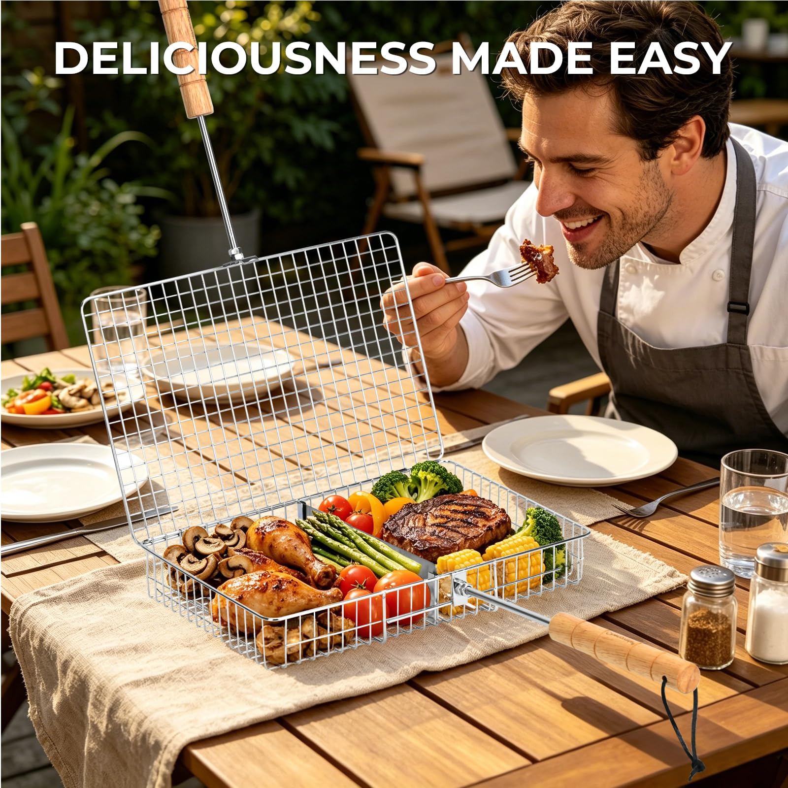 Chenovate basket placed on charcoal grill showing heat tolerance and versatility