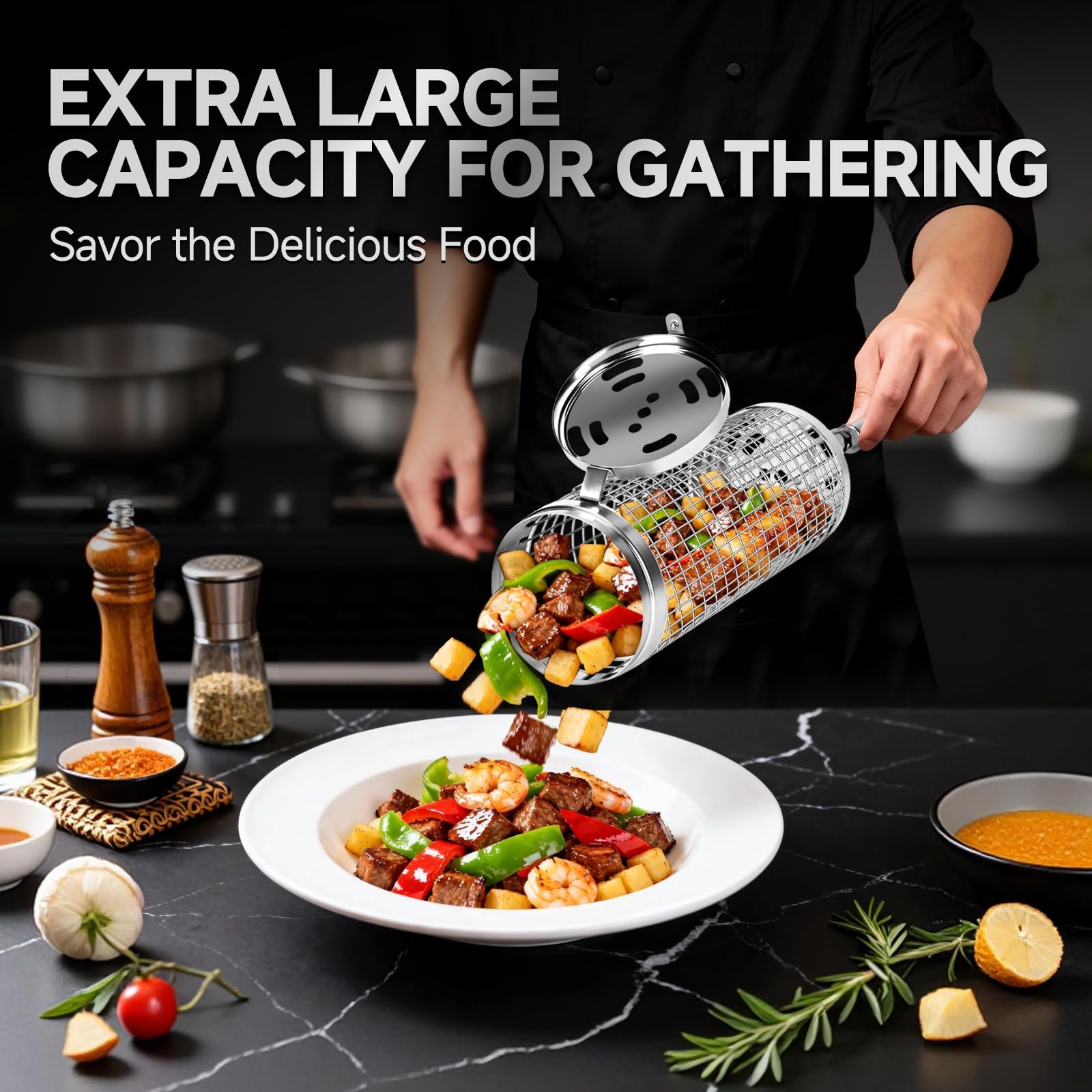 Chenovate basket filled with vegetables and shrimp demonstrating even browning