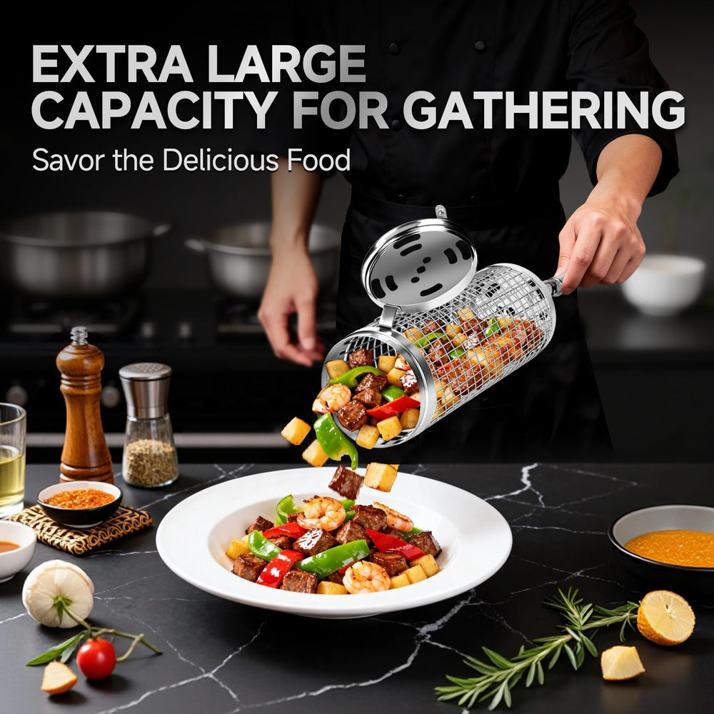 Chenovate basket filled with vegetables and shrimp demonstrating even browning