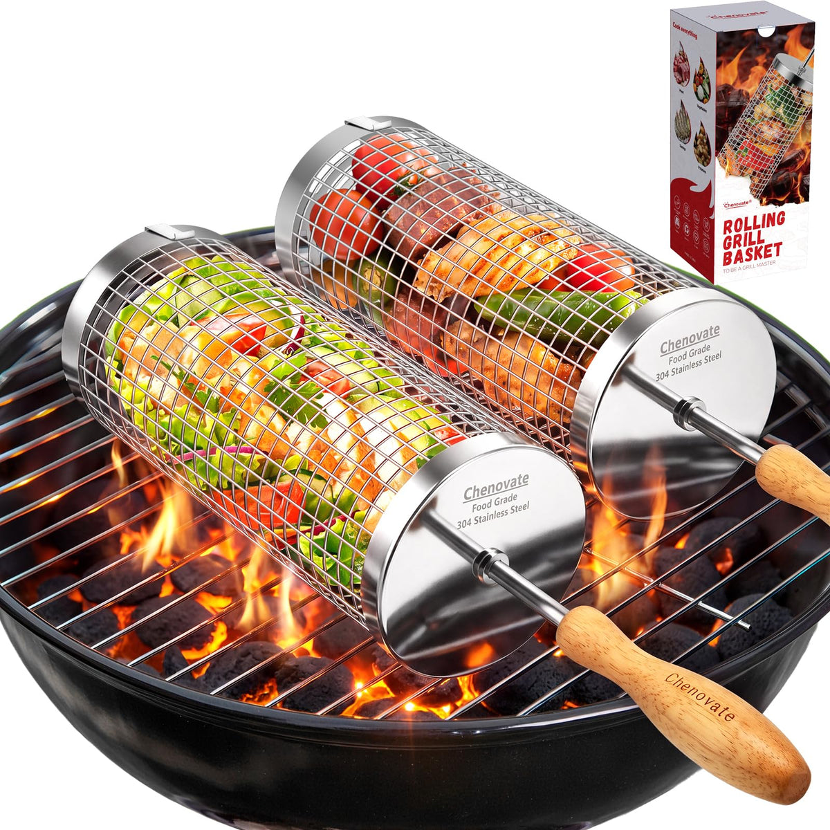 Chenovate front view of two-pack grill baskets showing durable stainless steel and handles