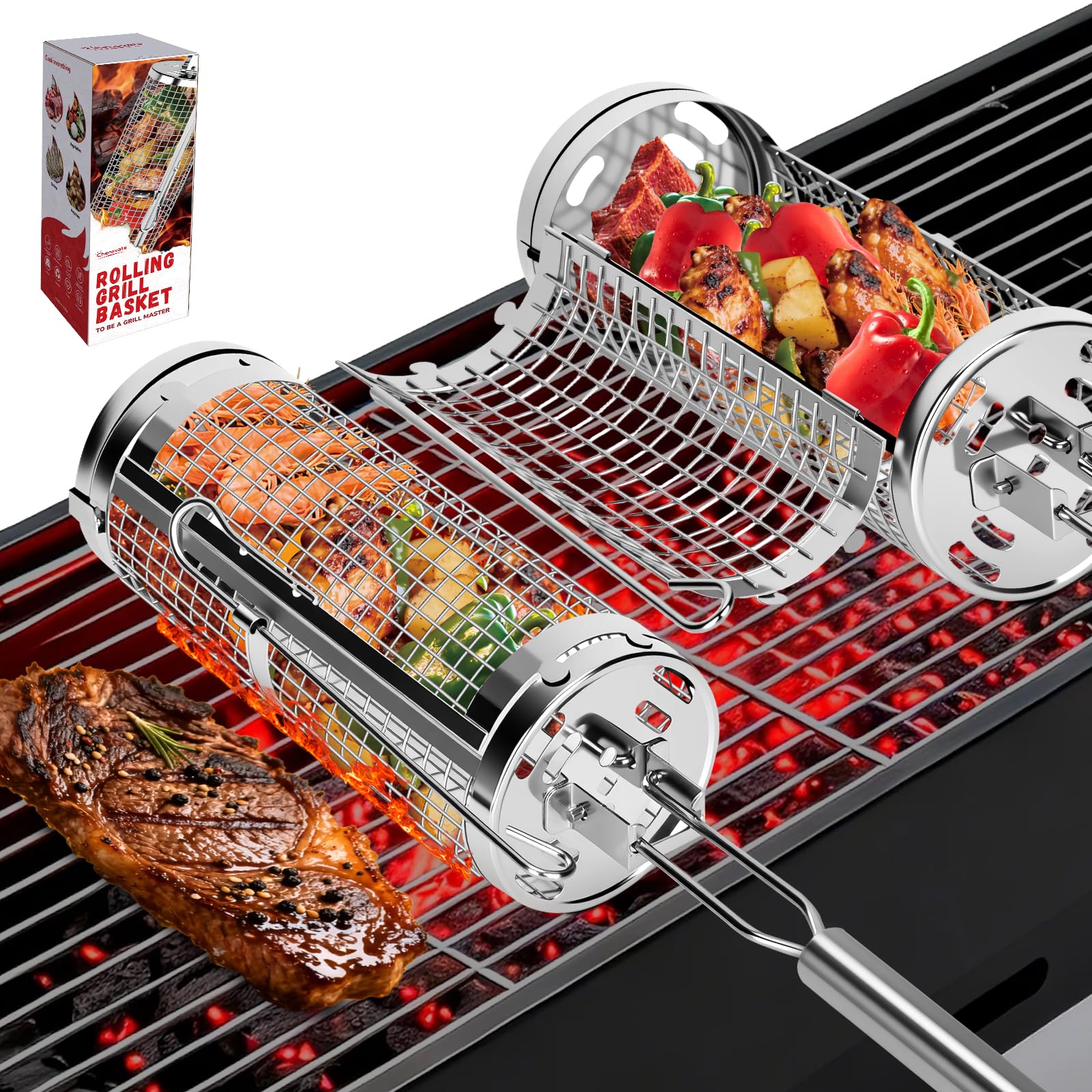 Chenovate front view of two stainless steel grill baskets showing heavy duty build and capacity