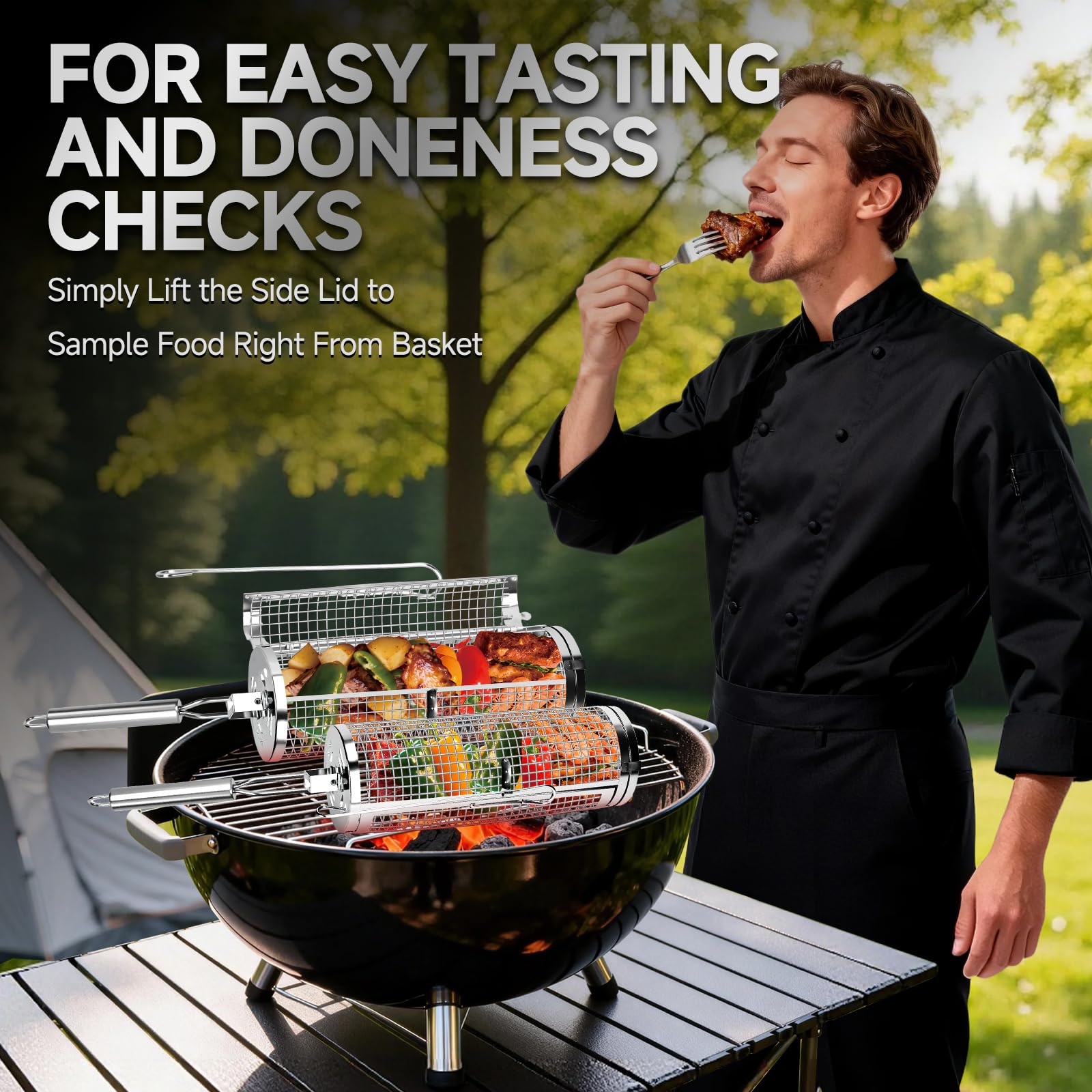 Chenovate grill baskets in use over charcoal showing even cooking and retention