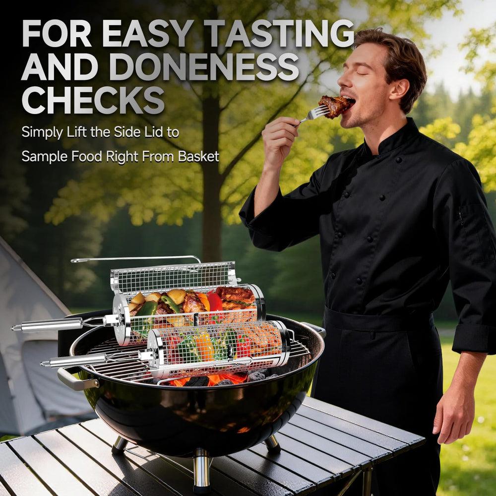 Chenovate grill baskets in use over charcoal showing even cooking and retention