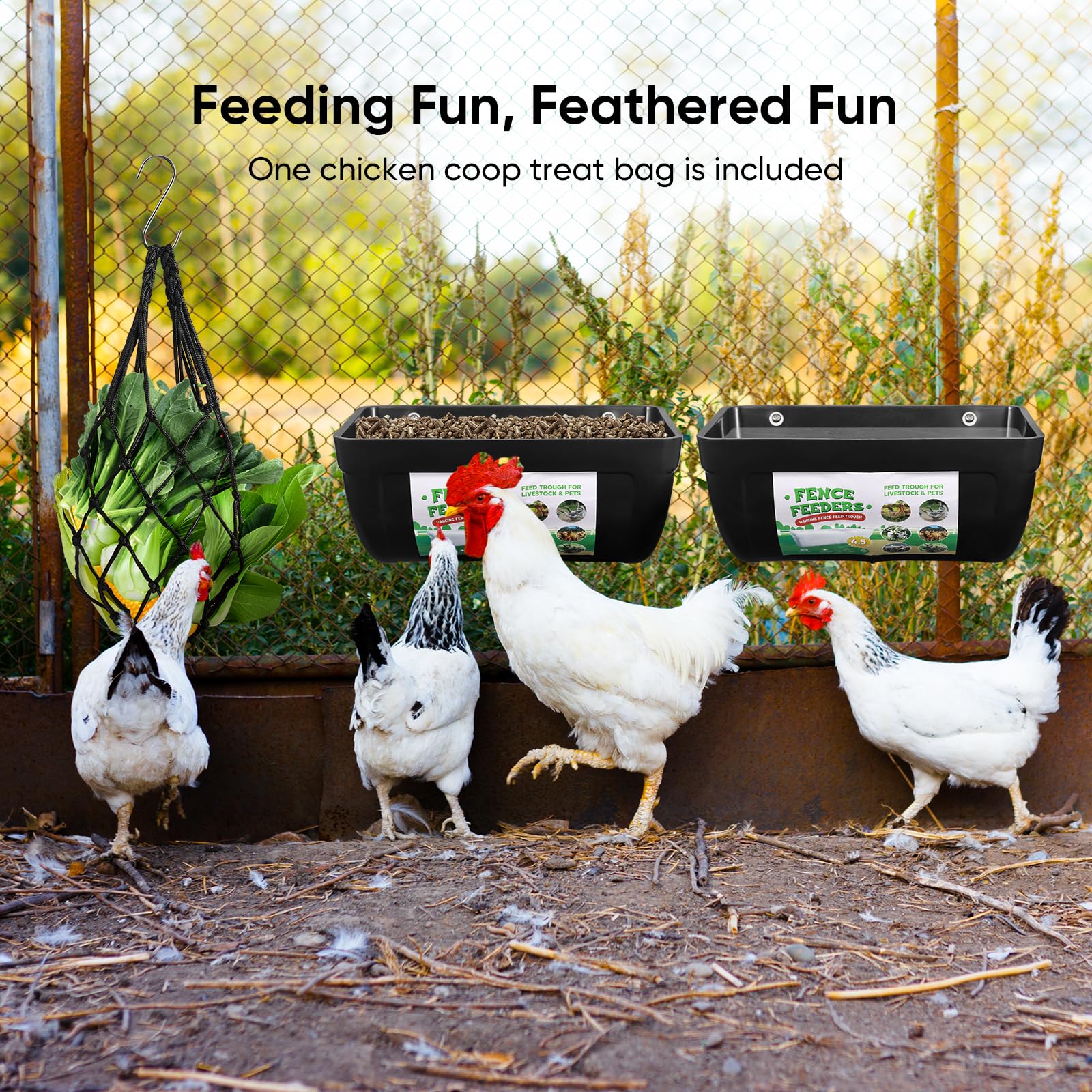 Chewoof feeder hooked on wire fence showing space-saving elevated feeding benefit
