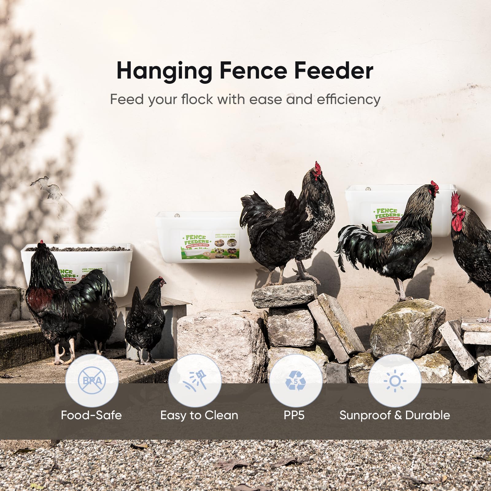 Chewoof feeder installed on wire fence preventing ground spillage and contamination