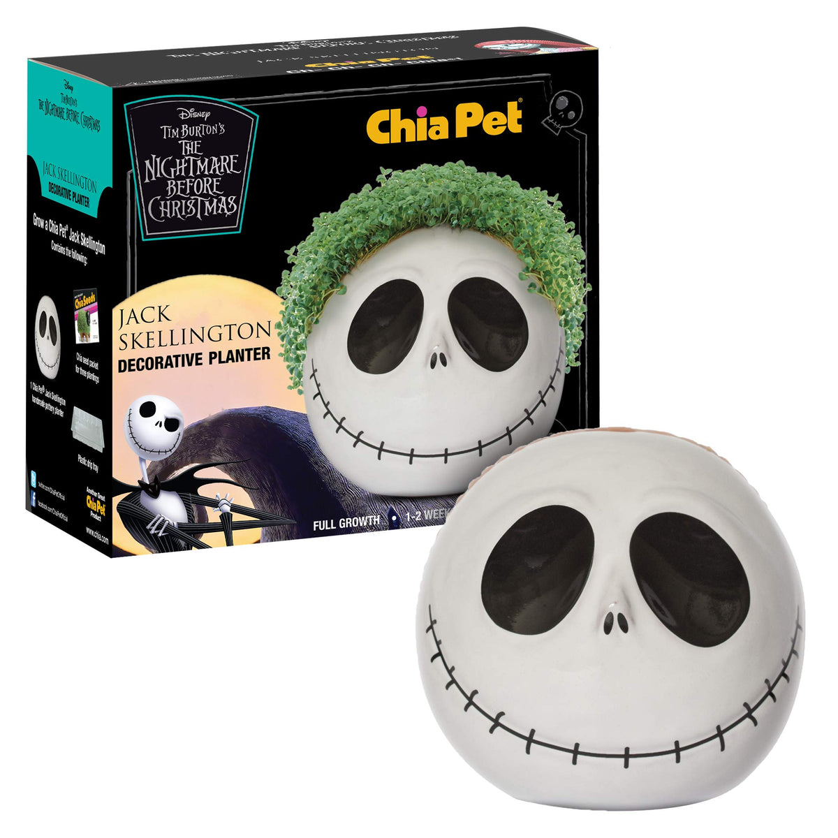 Chia Jack Skellington front view showing ceramic planter and green chia growth benefit: instant character décor