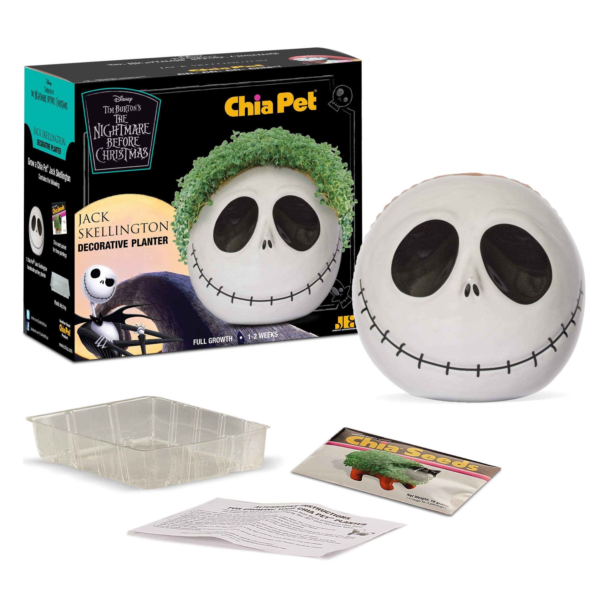 Chia Jack Skellington seed packets and plastic drip tray included for easy setup benefit: everything in one kit