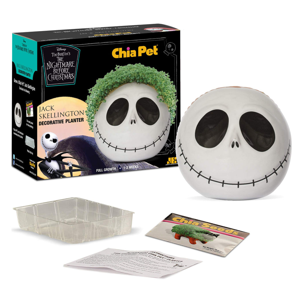 Chia Jack Skellington seed packets and plastic drip tray included for easy setup benefit: everything in one kit