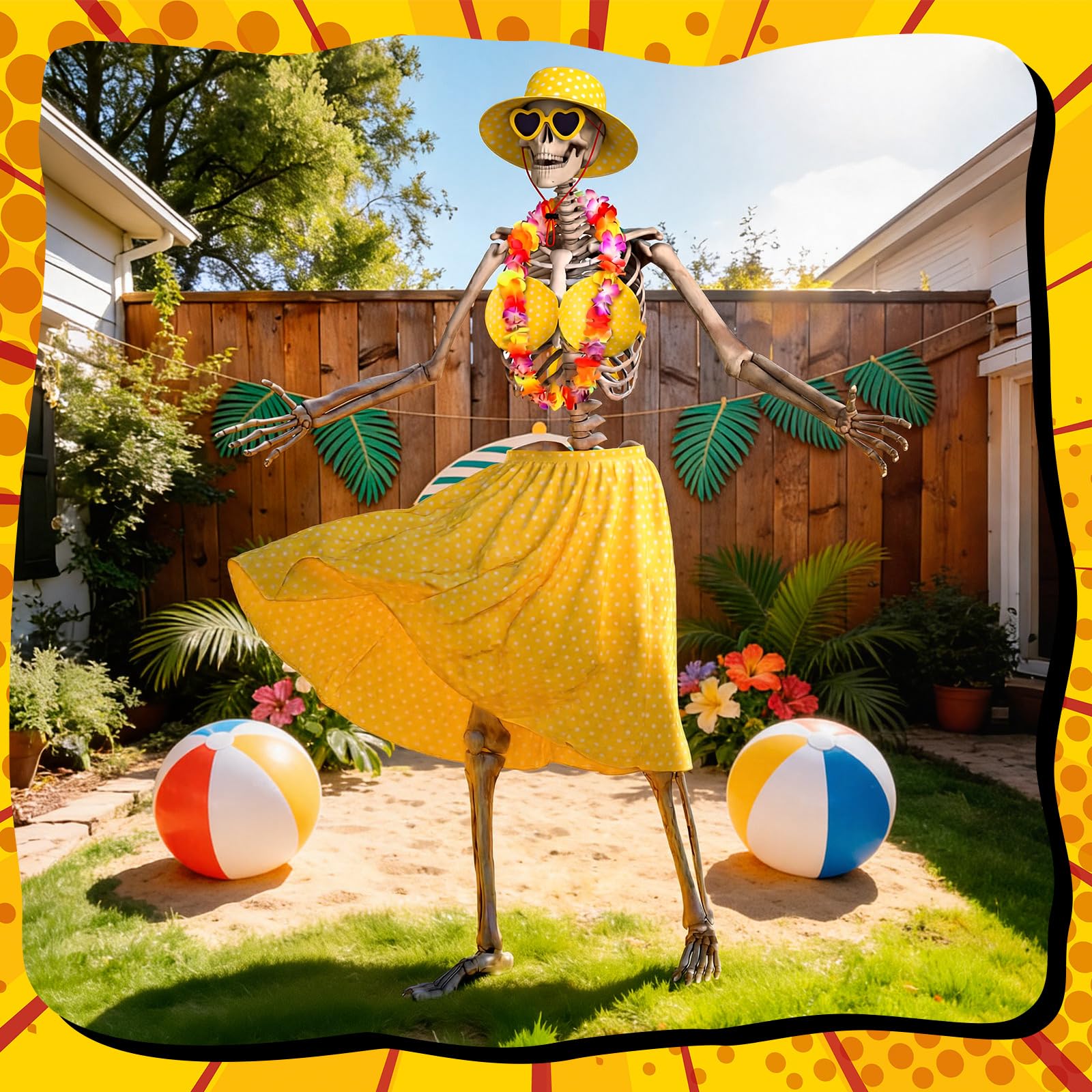 Chicingyou assembled 12ft skeleton in Hawaiian set, creates eye-catching party centerpiece