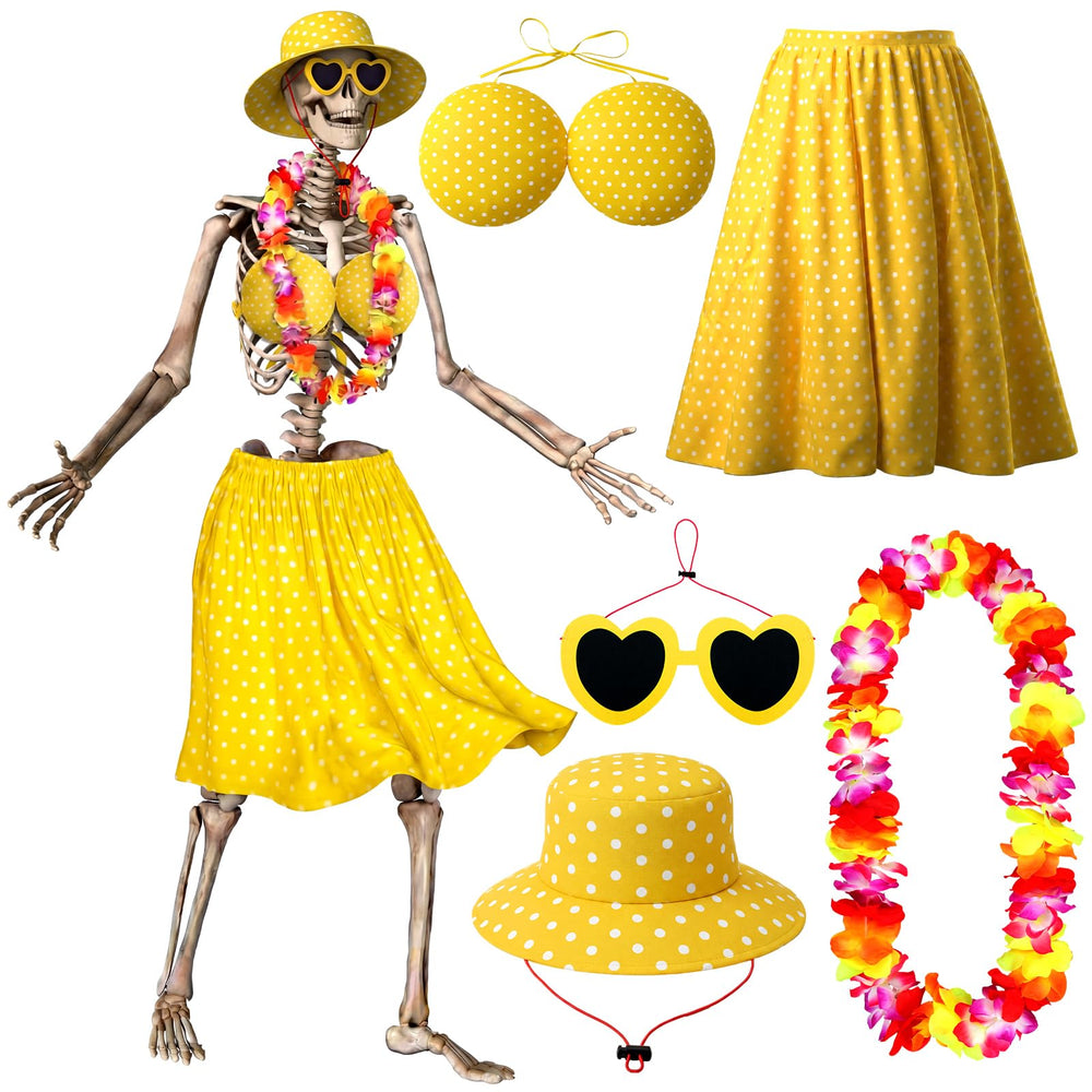 Chicingyou front view of full Hawaiian outfit for 12ft skeleton, bright colors boost decor