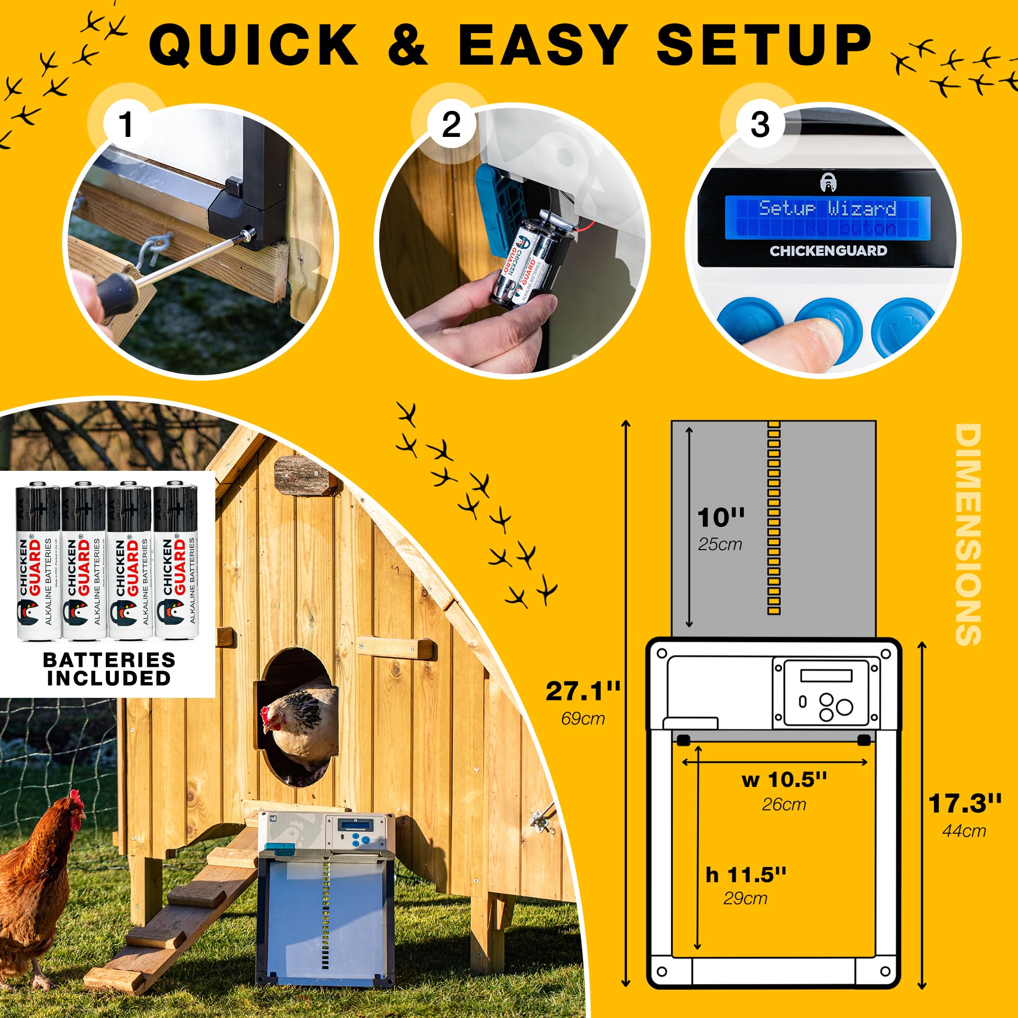 ChickenGuard included AA batteries and wiring showing off-grid power and flexibility benefit