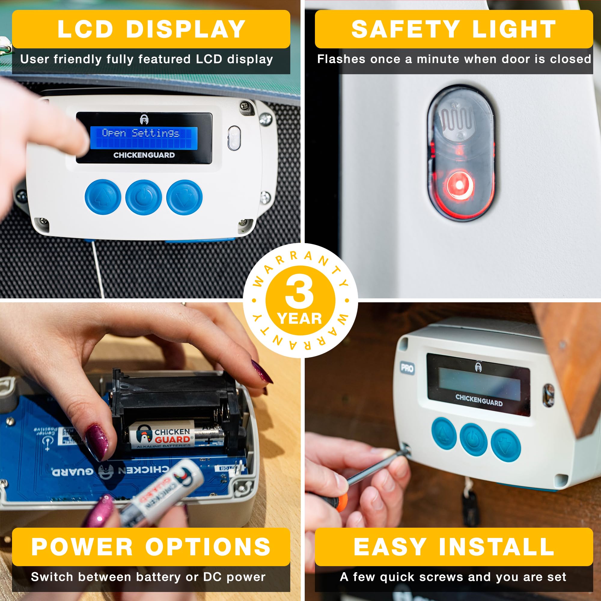 ChickenGuard PRO battery compartment open showing AA battery option for simple power backup