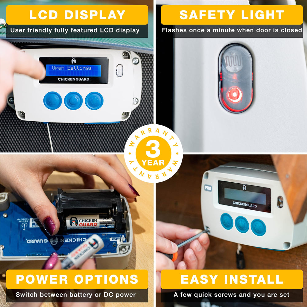 ChickenGuard PRO battery compartment open showing AA battery option for simple power backup