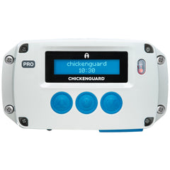 ChickenGuard PRO front unit showing robust housing and weatherproof build for reliable automation