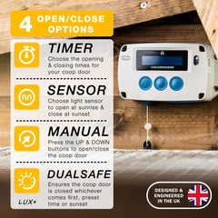 ChickenGuard PRO LCD control panel with clear menu and large buttons for easy setup and use