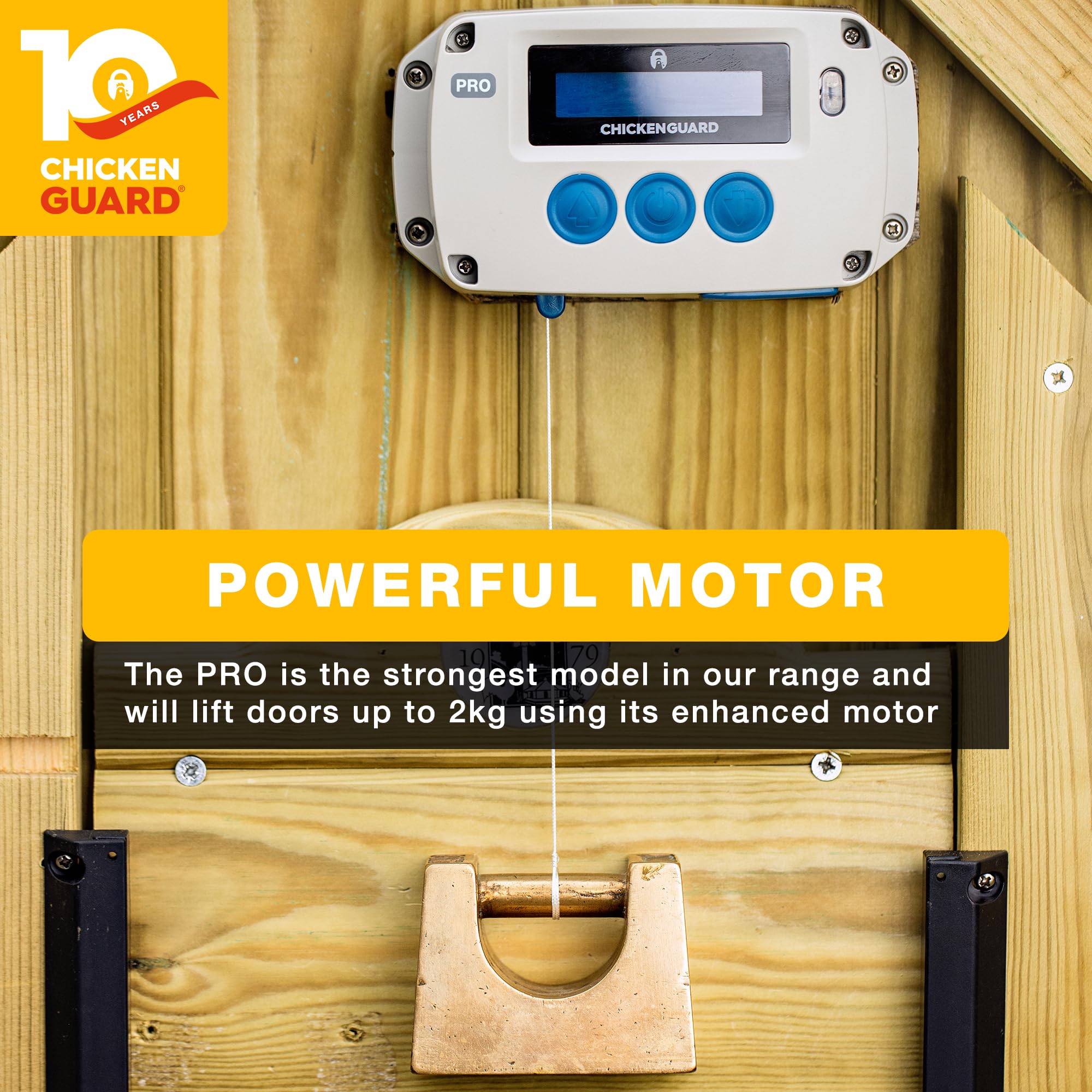 ChickenGuard PRO motor close-up highlighting heavy-duty motor that lifts doors up to 2kg