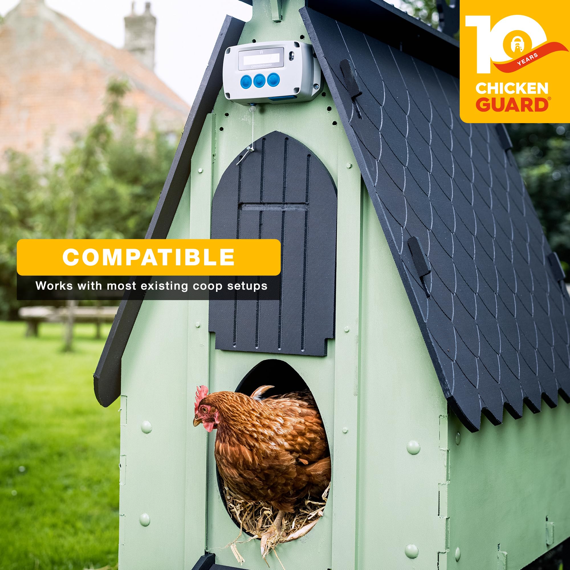 ChickenGuard PRO solar panel installed on coop supplying renewable power for off-grid operation