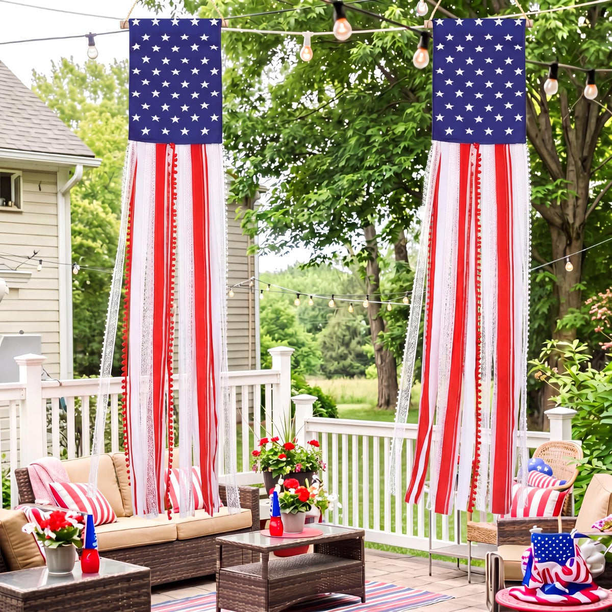 Chicplaid front view banner hung on porch adding patriotic curb appeal