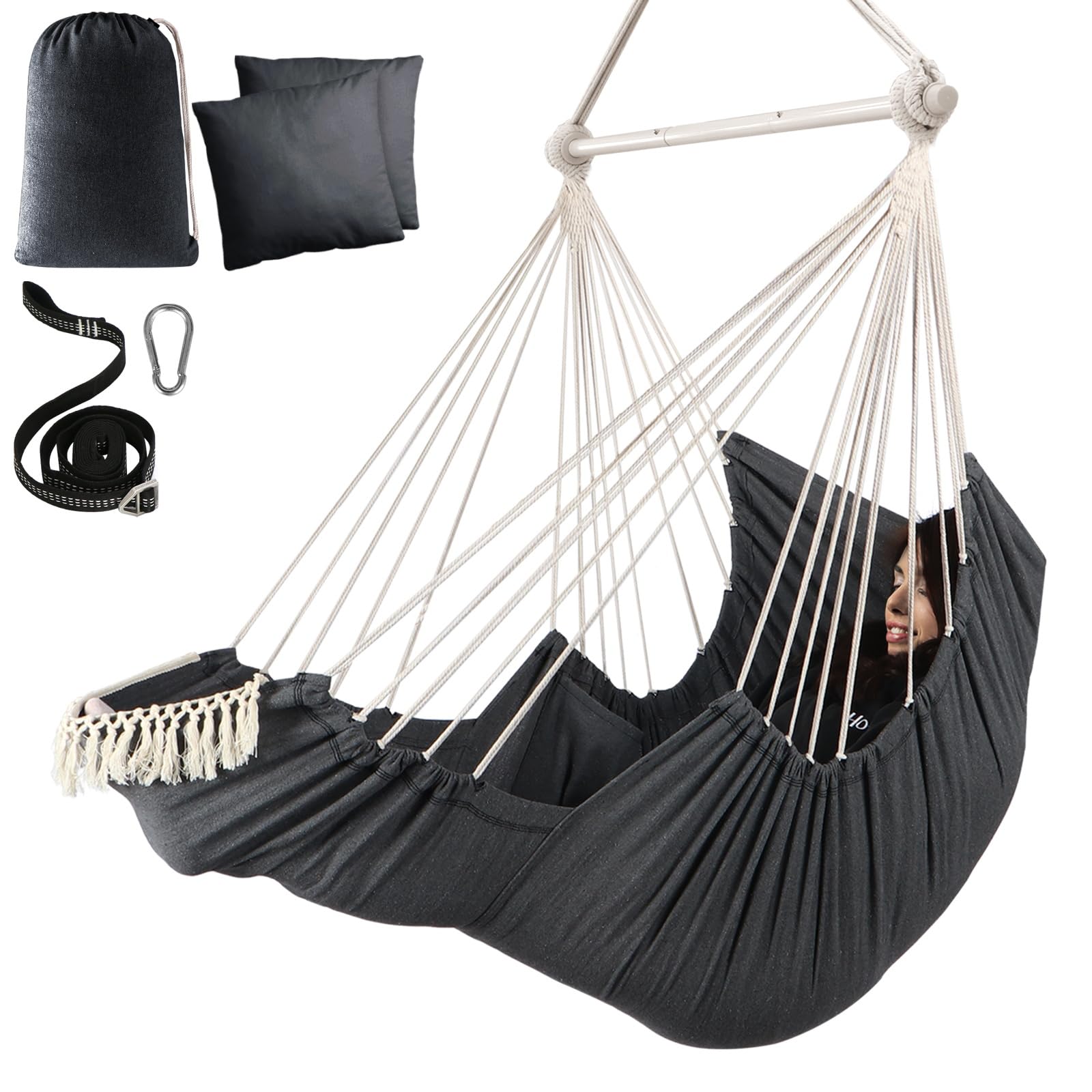 Chihee front view hammock chair showing two cushions and comfortable seating benefit