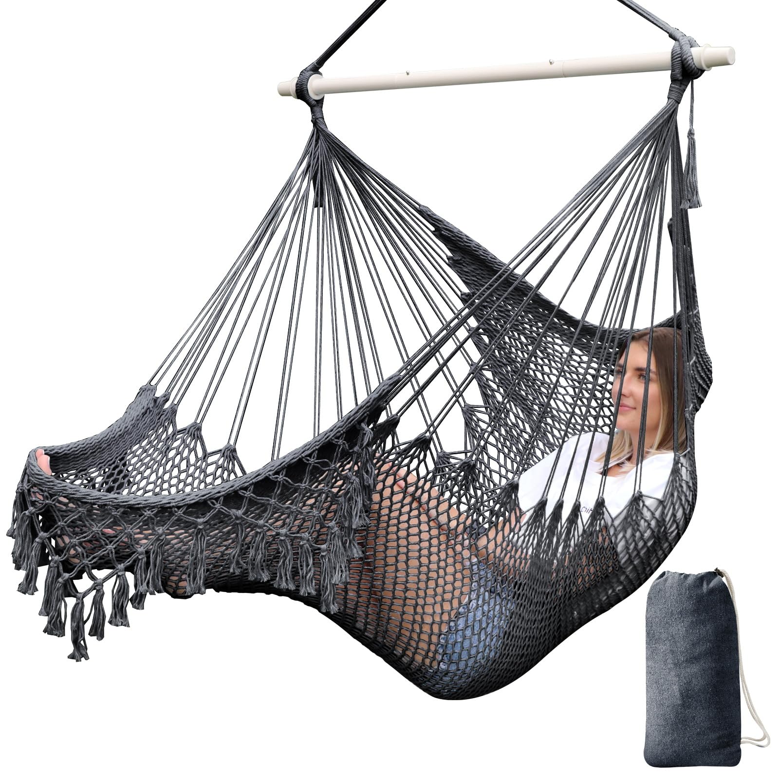 Chihee front view of hammock chair showing full seat and spreader bar for relaxed lounging