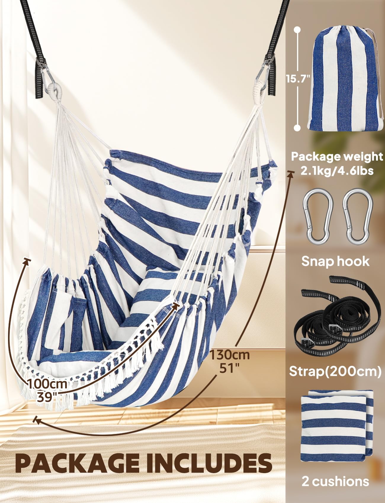 Chihee hammock chair suspended from porch beam outdoors, versatile indoor-outdoor use