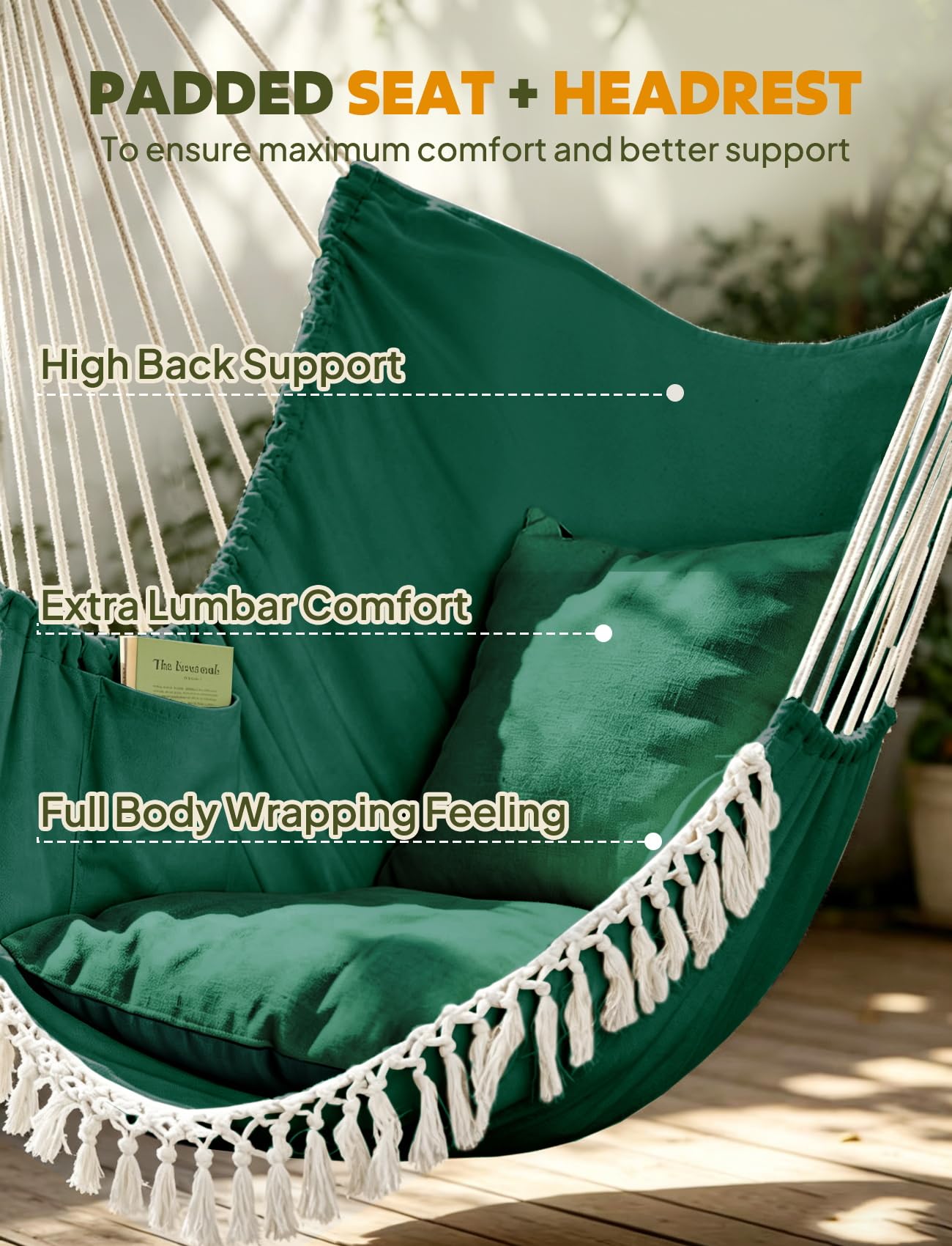 Chihee hammock chair in-use on porch showing relaxation and versatile placement