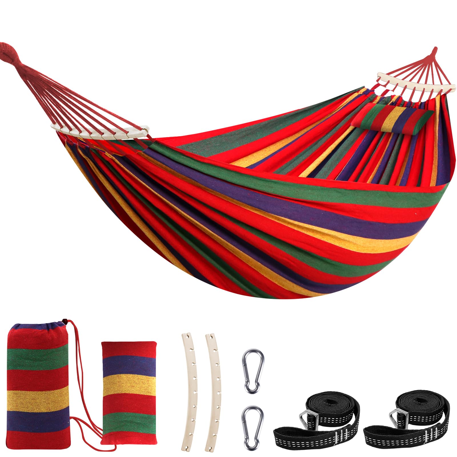 Chihee hammock front view showing full cotton bed and stable spreader bars for comfort