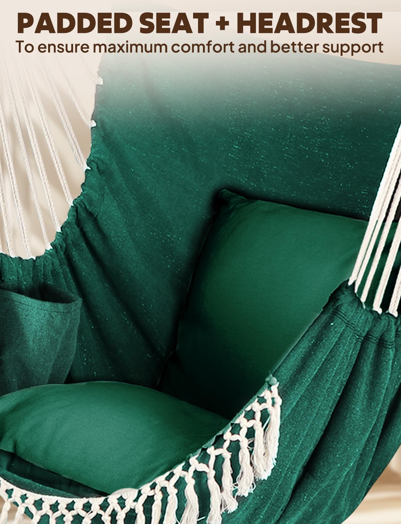 Chihee hammock chair next to a person showing size and 500 lb capacity confidence
