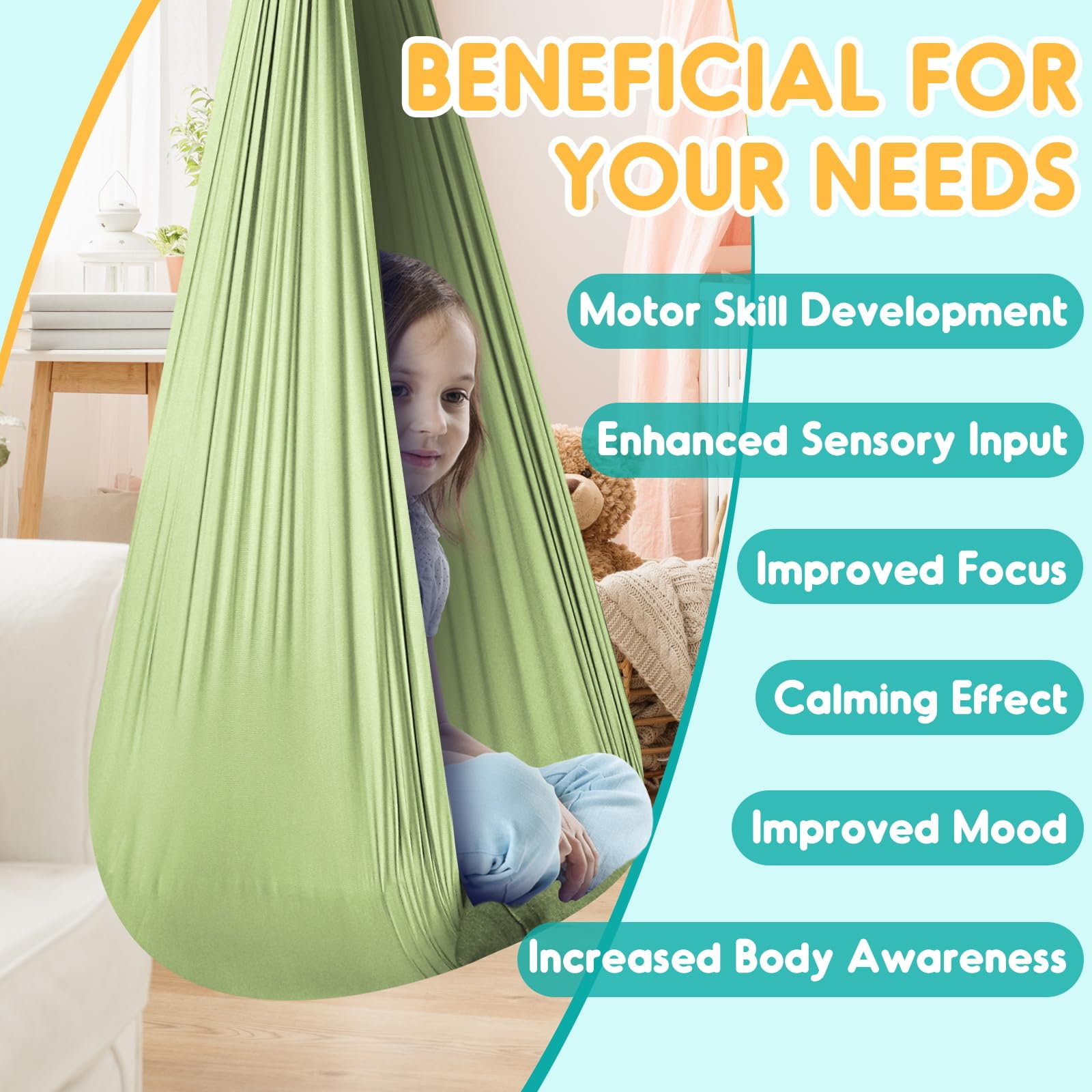 Chihee swing shown with adult and child for scale, supports heavier users