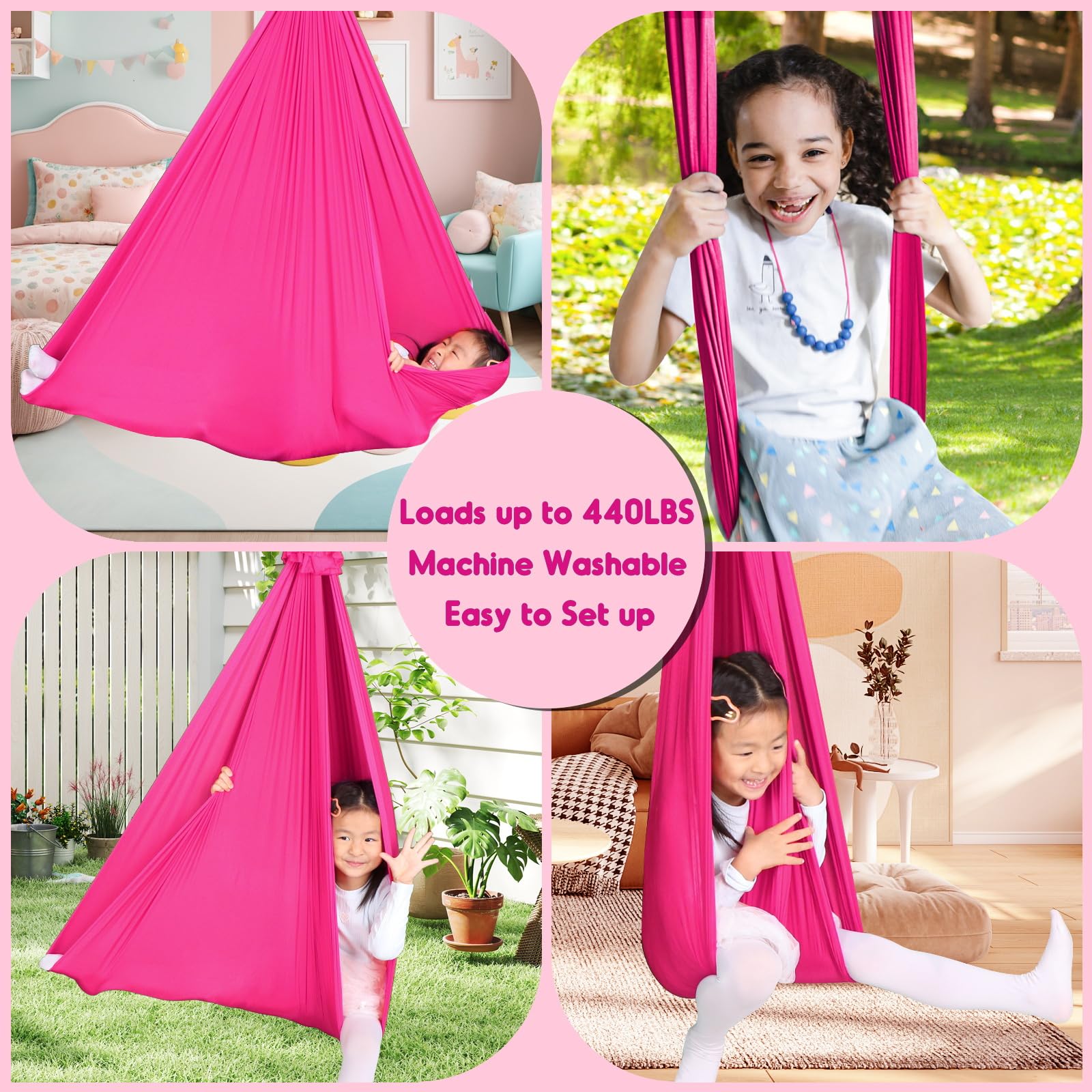 Chihee child using the sensory swing indoors showing relaxing vestibular motion and support
