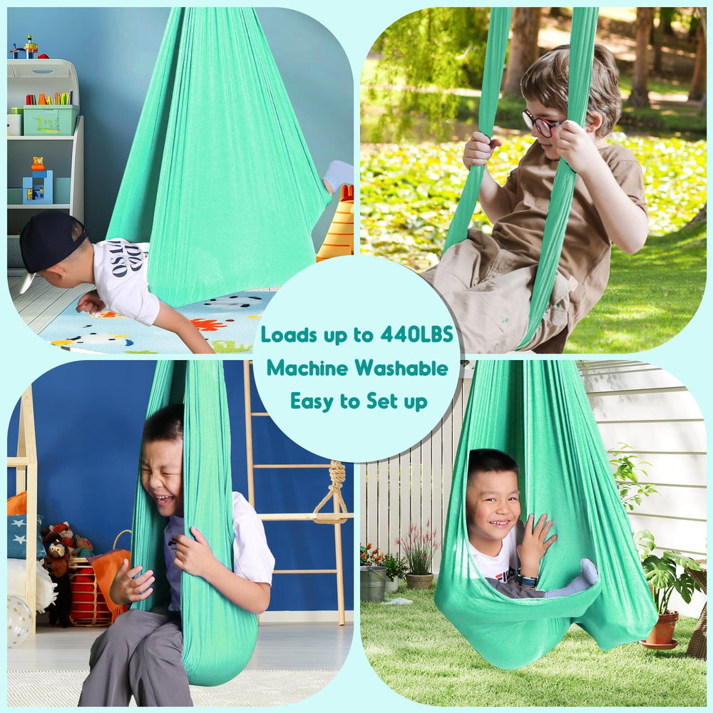 Chihee in use with child relaxing inside swing providing soothing vestibular input