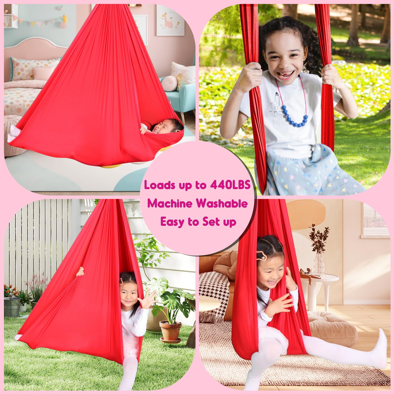 Chihee child lying in swing demonstrating deep-pressure comfort and vestibular motion