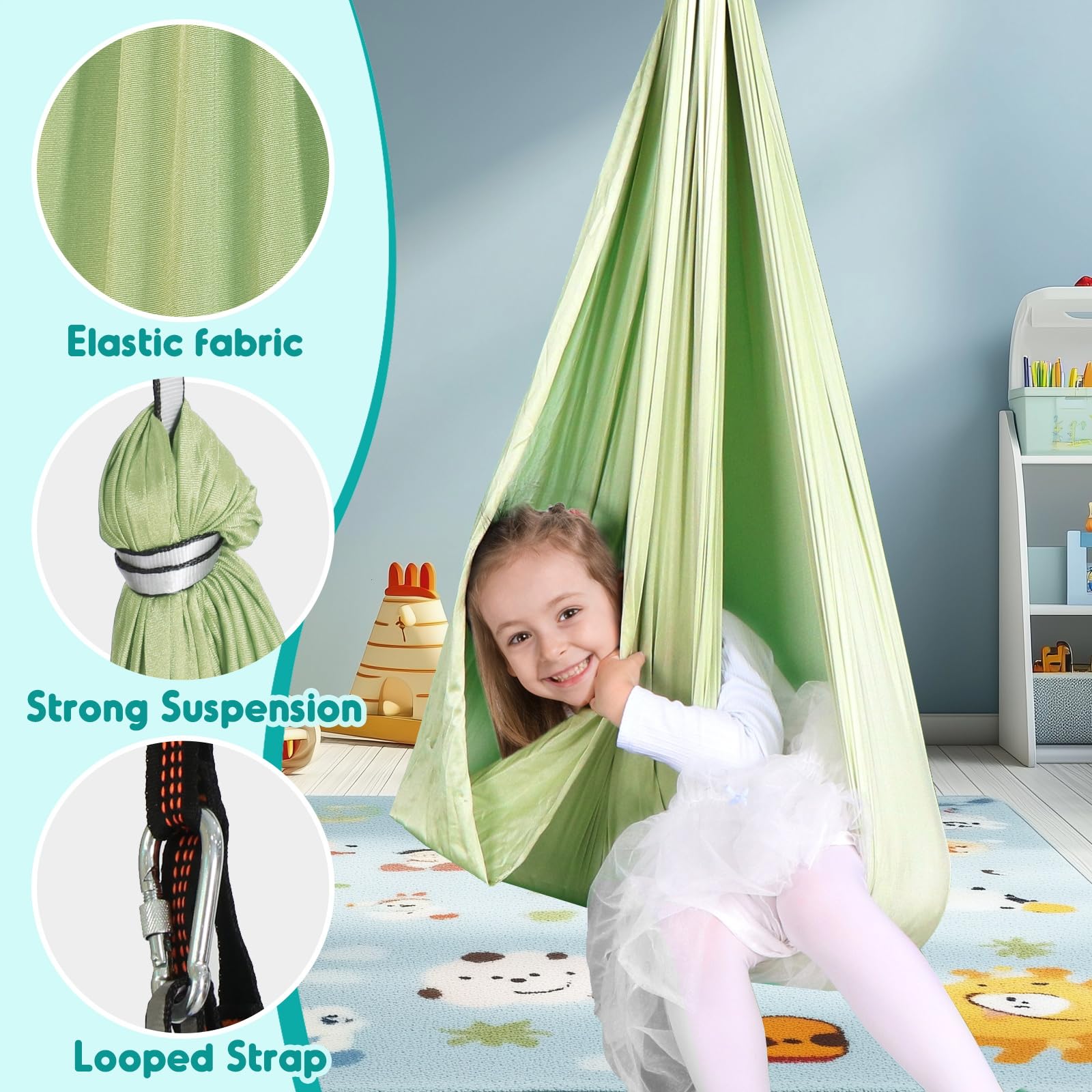 Chihee swing in use with child gently rocking, calming vestibular benefit