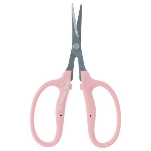 近正 Chikamasa pink curved scissor front view, comfortable grip and balance