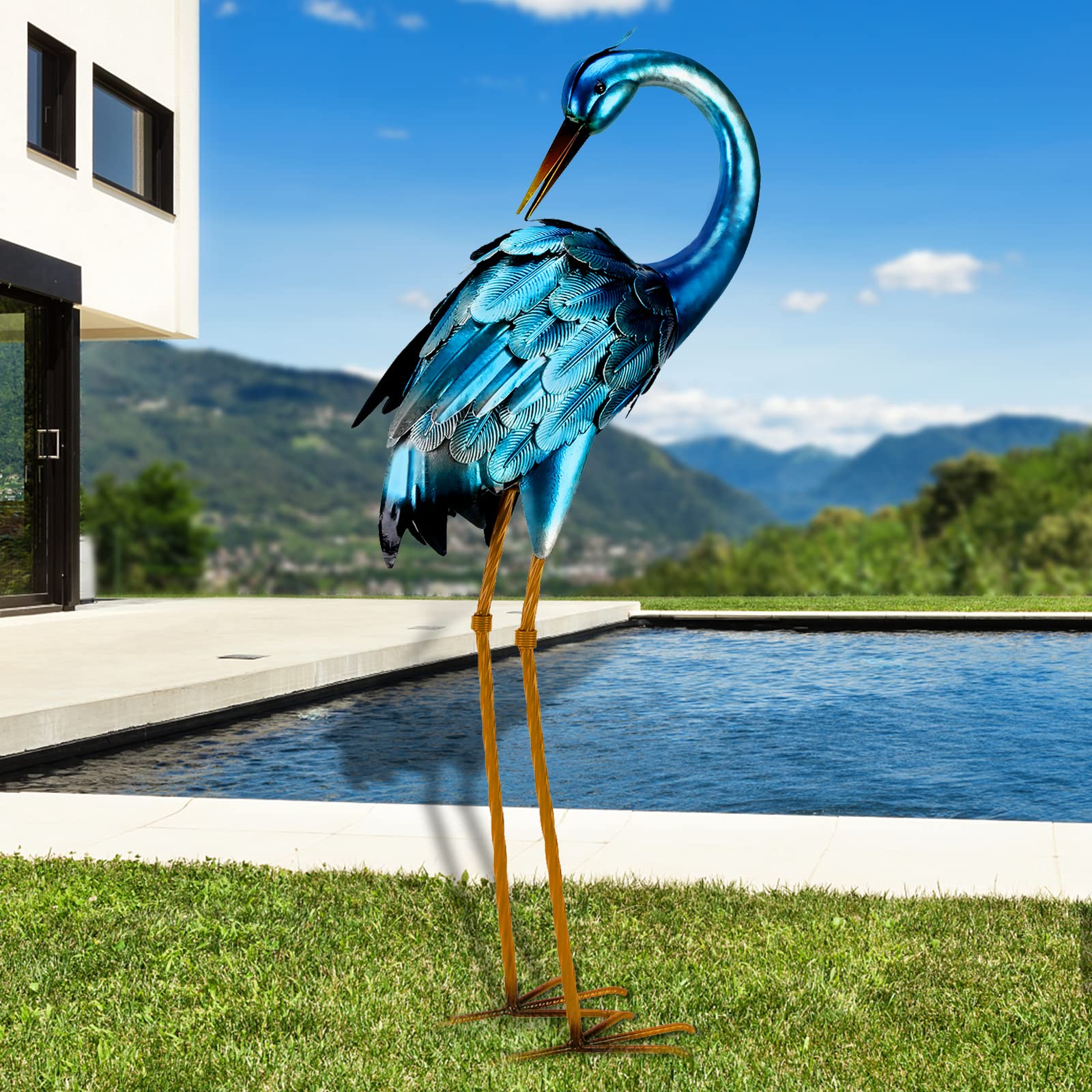 chisheen front view of blue heron statue shows decorative yard focal point and curb appeal