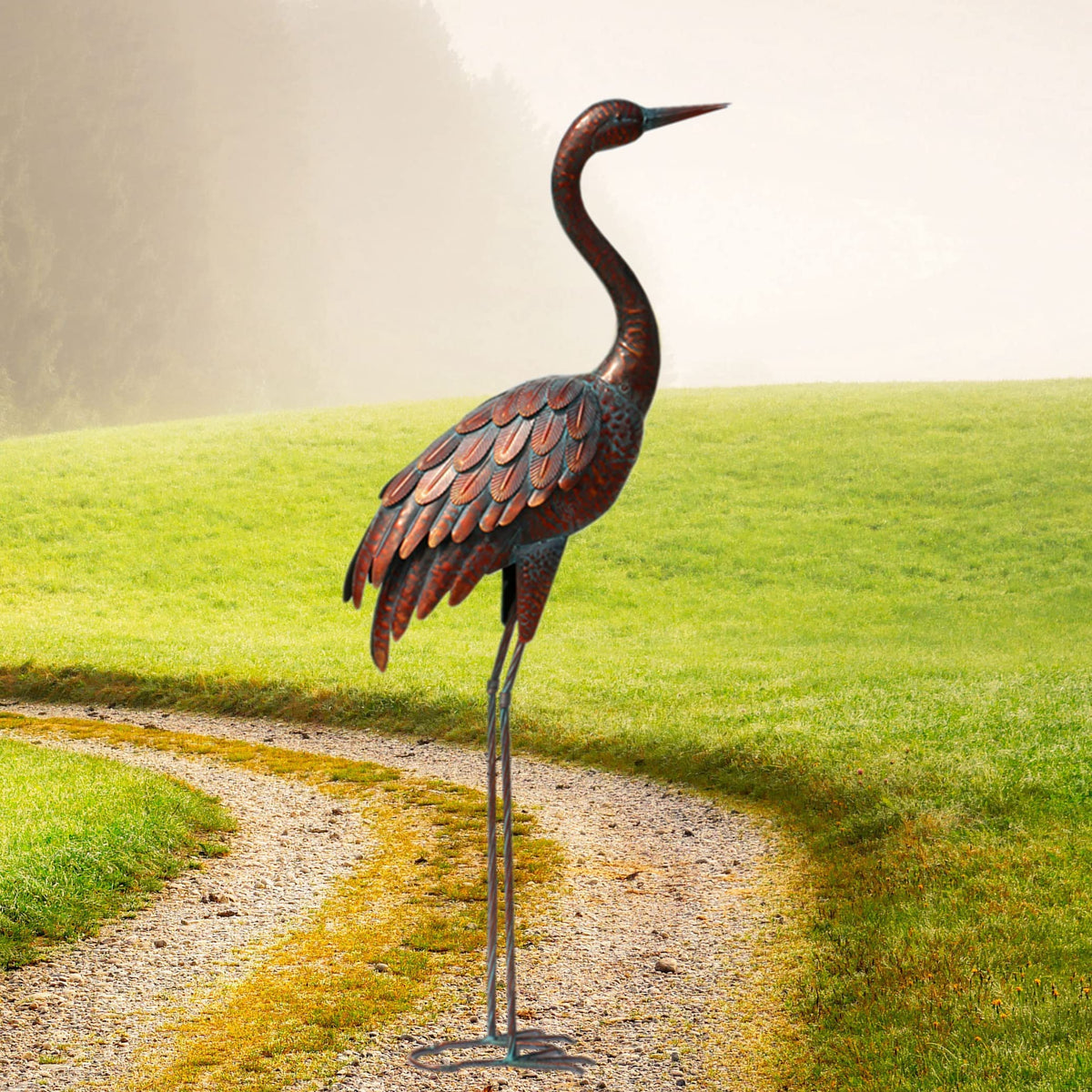chisheen front view of crane statue showing full height and graceful posture