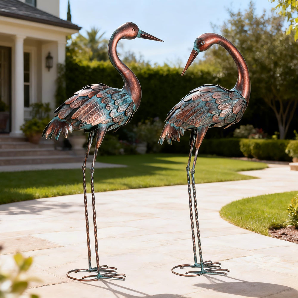 chisheen crane pair placed in garden patio setting adding graceful landscape charm benefit