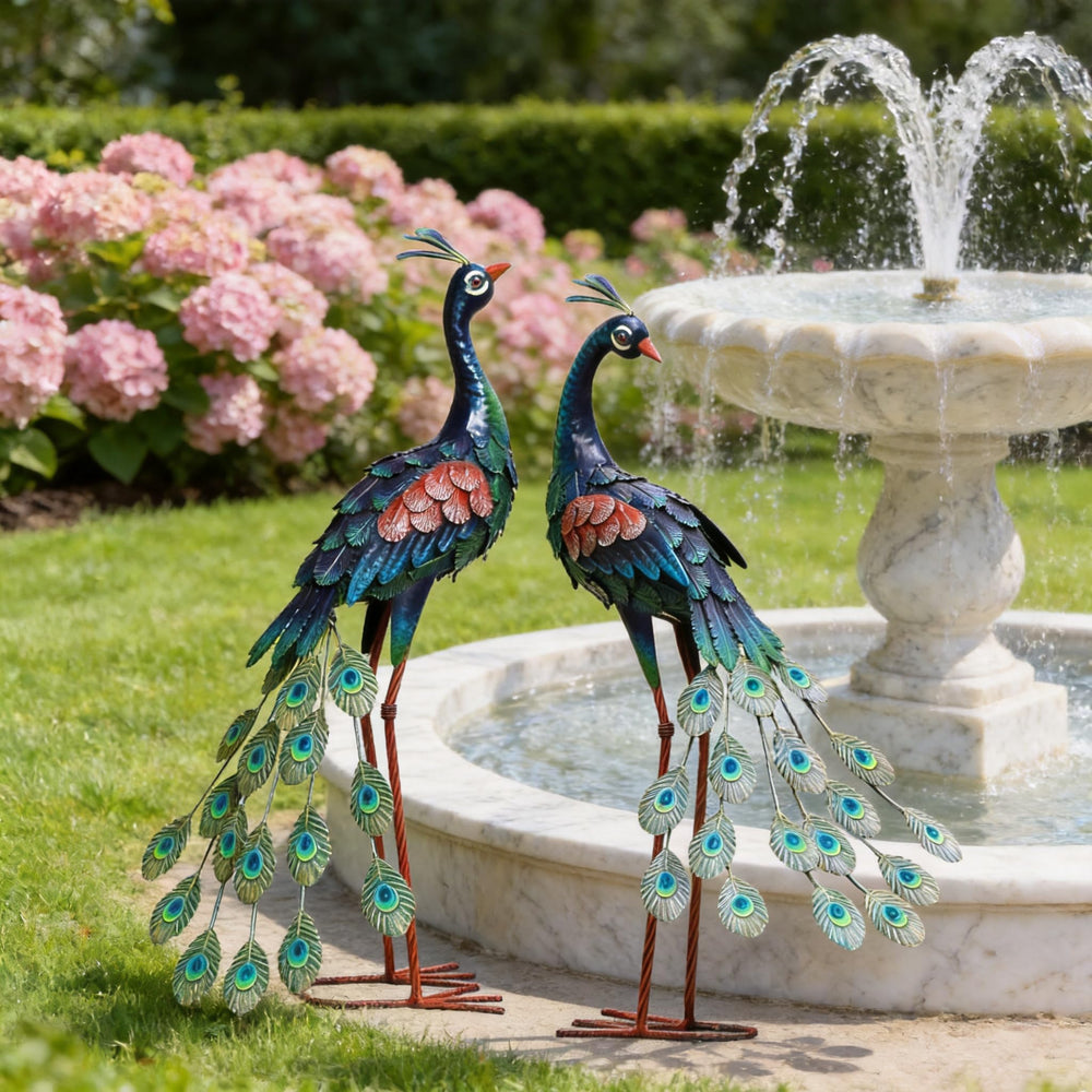 chisheen metal peacock front view showing colorful finish and focal appeal